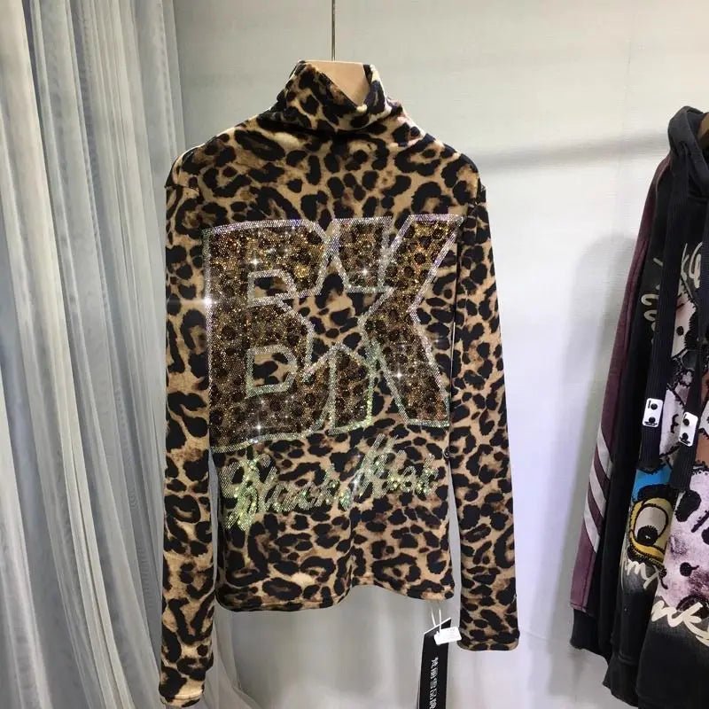 Knit Turtleneck Long Sleeve Top With Rhinestone Embellishments Leopard Print Glam - SN Wigs & More