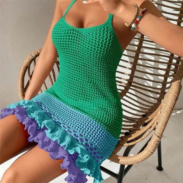 Knit Women Halter Bud Dress Summer Patchwork Skinny Bodycon Vacation Clubwar