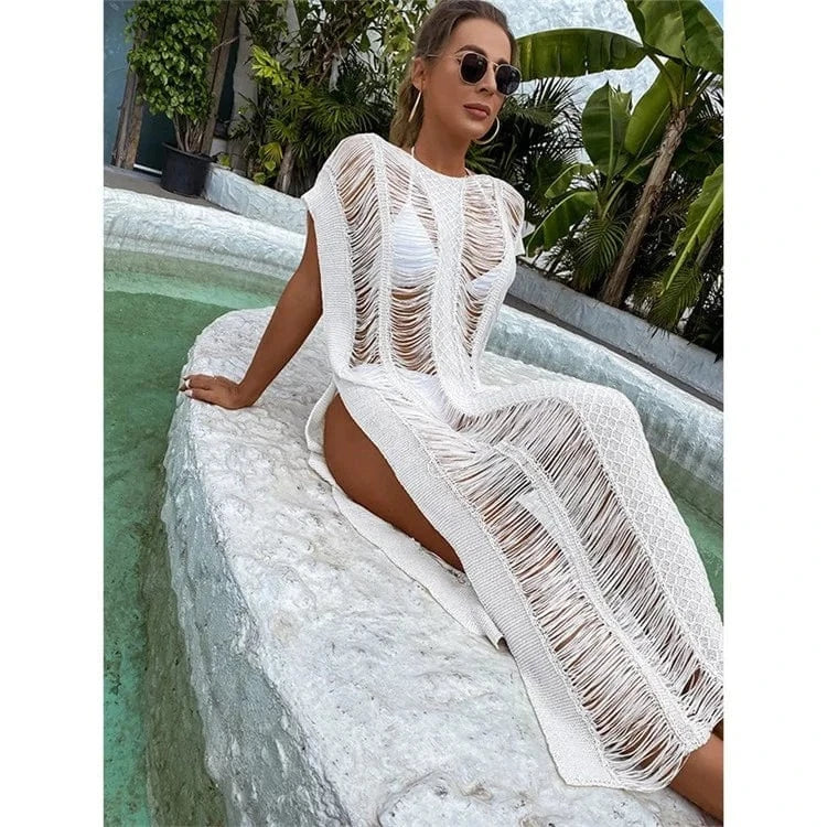 Knitted Beach Cover Up Crochet Pareo Bikini Cover Up Bathing Suit Cover Ups Tassel Long Beach Dress