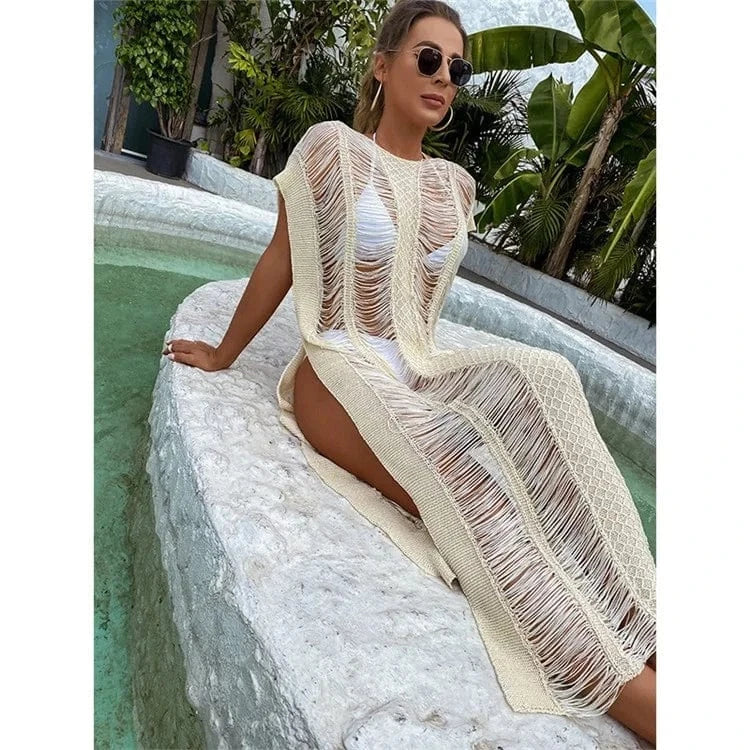 Knitted Beach Cover Up Crochet Pareo Bikini Cover Up Bathing Suit Cover Ups Tassel Long Beach Dress