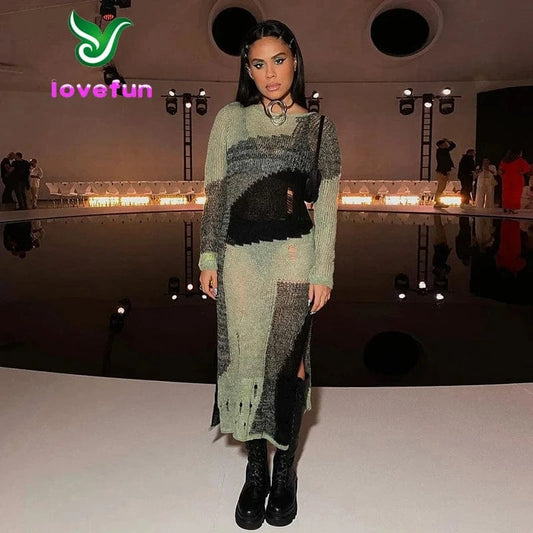 Knitted Panelled Maxi Dress Women Fall 2023 Full Sleeve Round Neck Street Style Bodycon Lady 2023 Classic Patchwork Dress