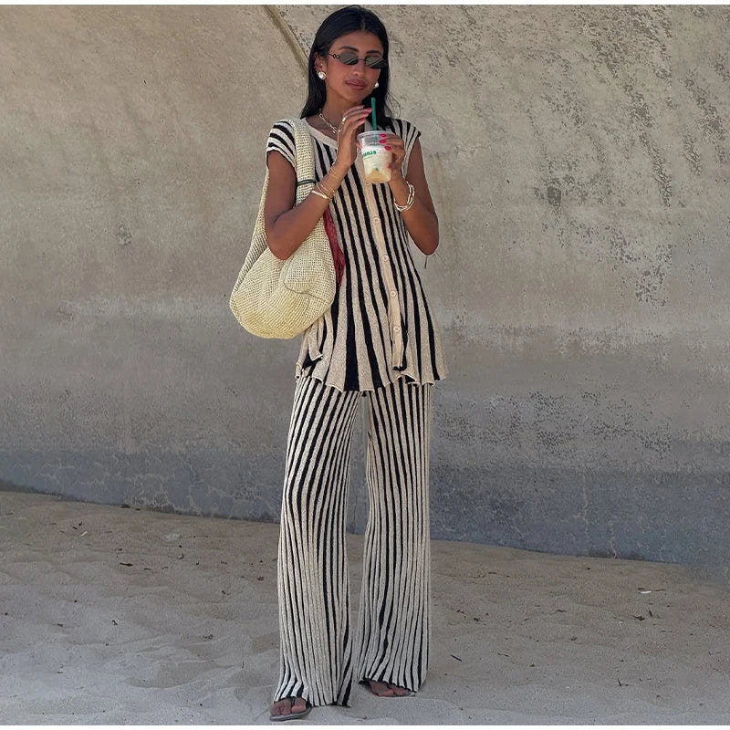 Knitted Stripe Pants Set For Women O - Neck Top With Single Breasted Detailing Elegant Style - SN Wigs & More