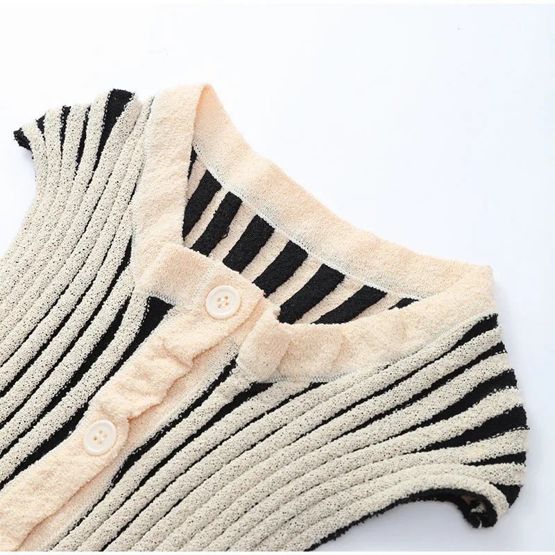 Knitted Stripe Pants Set For Women O - Neck Top With Single Breasted Detailing Elegant Style - SN Wigs & More