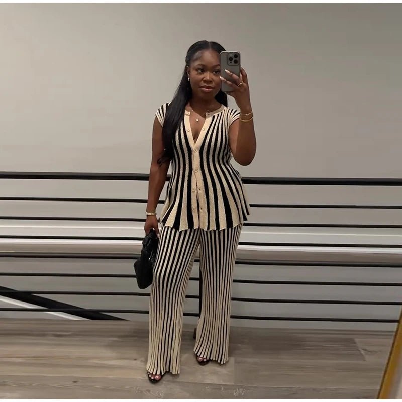 Knitted Stripe Pants Set For Women O - Neck Top With Single Breasted Detailing Elegant Style - SN Wigs & More