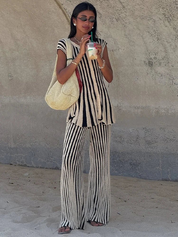 Knitted Stripe Pants Set For Women O - Neck Top With Single Breasted Detailing Elegant Style - SN Wigs & More