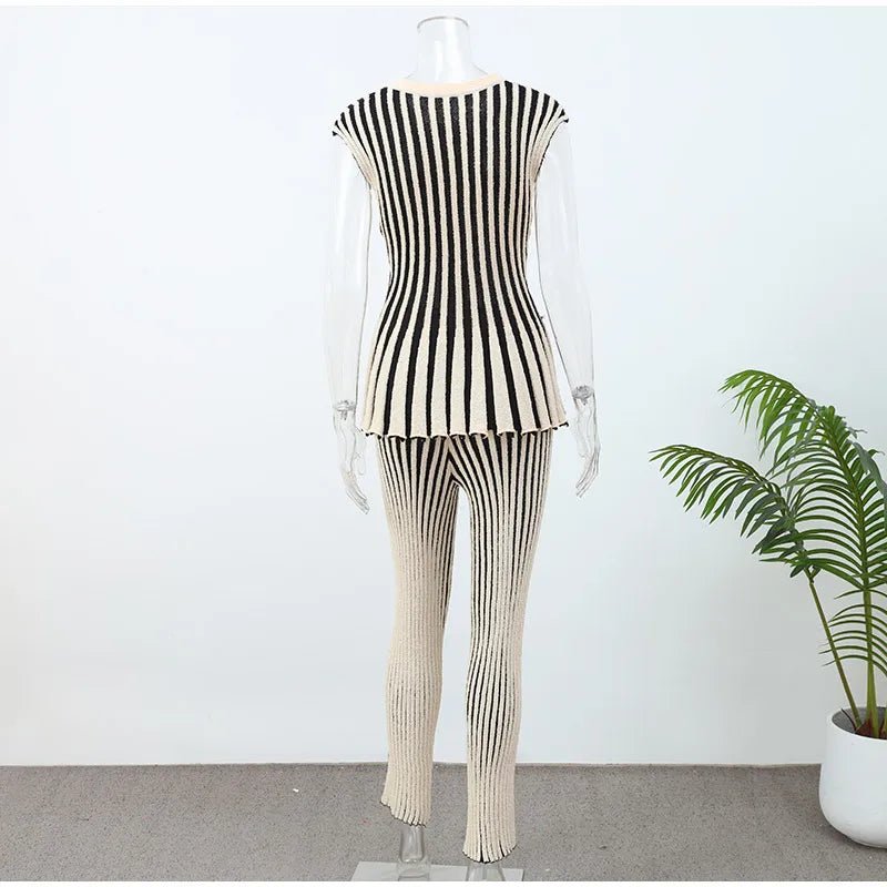Knitted Stripe Pants Set For Women O - Neck Top With Single Breasted Detailing Elegant Style - SN Wigs & More