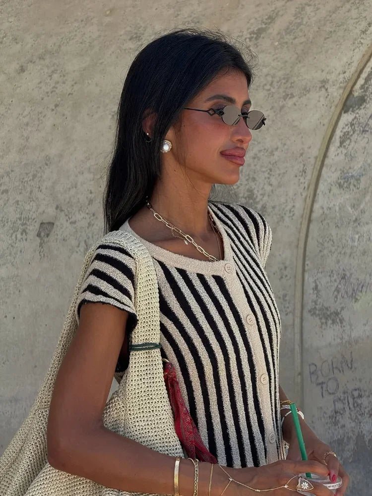 Knitted Stripe Pants Set For Women O - Neck Top With Single Breasted Detailing Elegant Style - SN Wigs & More