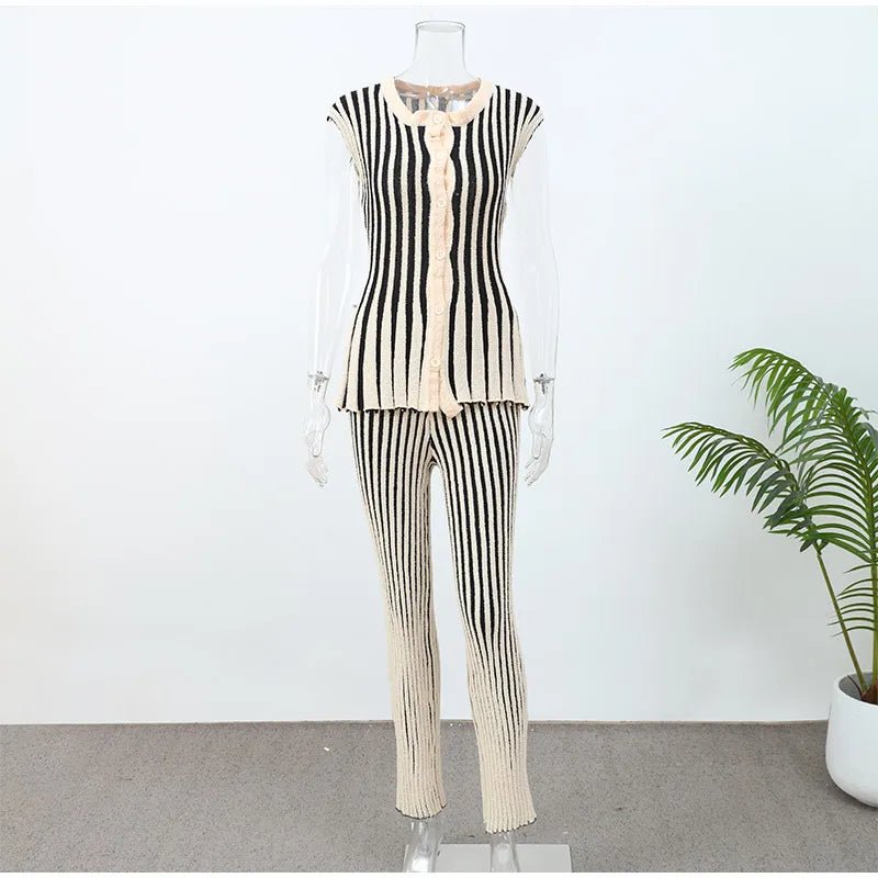 Knitted Stripe Pants Set For Women O - Neck Top With Single Breasted Detailing Elegant Style - SN Wigs & More