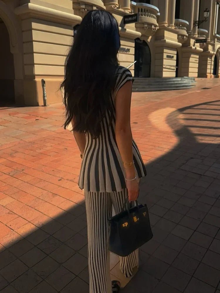Knitted Stripe Pants Set For Women O - Neck Top With Single Breasted Detailing Elegant Style - SN Wigs & More