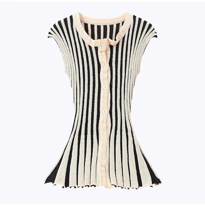 Knitted Stripe Pants Set For Women O - Neck Top With Single Breasted Detailing Elegant Style - SN Wigs & More