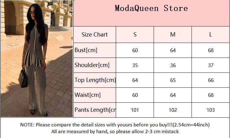 Knitted Stripe Pants Set For Women O - Neck Top With Single Breasted Detailing Elegant Style - SN Wigs & More