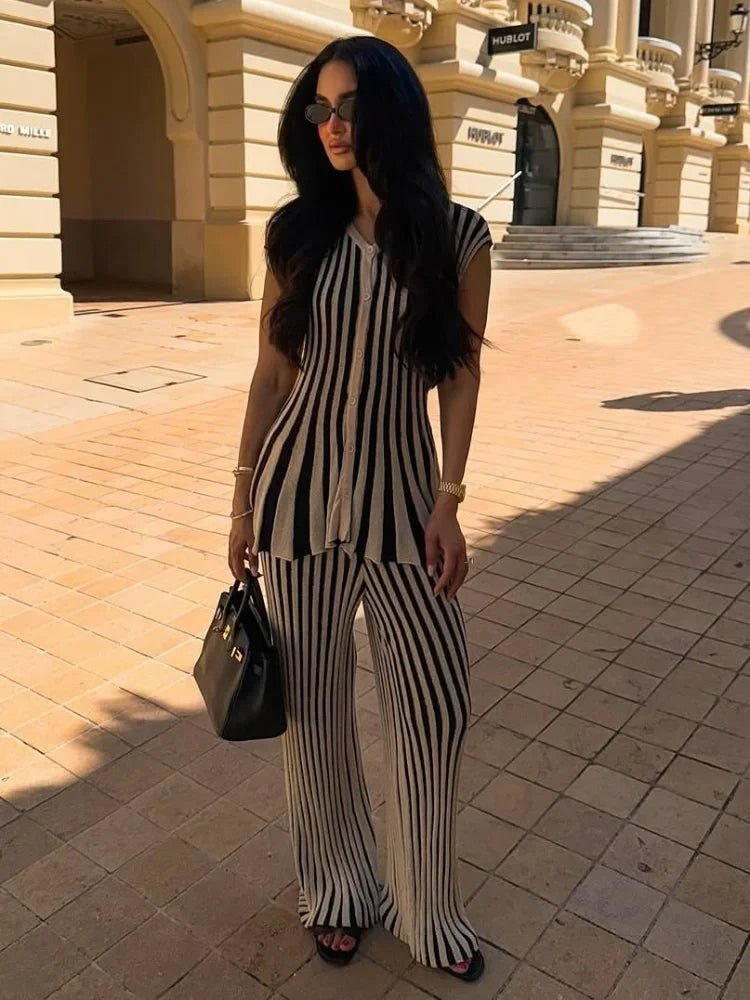 Knitted Stripe Pants Set For Women O - Neck Top With Single Breasted Detailing Elegant Style - SN Wigs & More