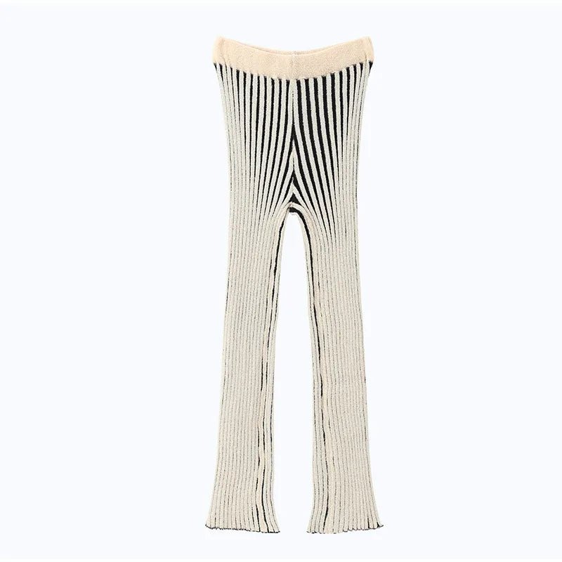Knitted Stripe Pants Set For Women O - Neck Top With Single Breasted Detailing Elegant Style - SN Wigs & More