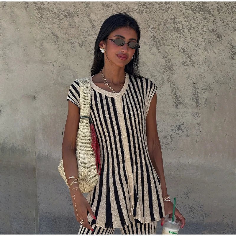 Knitted Stripe Pants Set For Women O - Neck Top With Single Breasted Detailing Elegant Style - SN Wigs & More