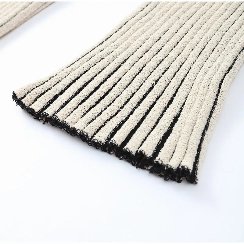 Knitted Stripe Pants Set For Women O - Neck Top With Single Breasted Detailing Elegant Style - SN Wigs & More