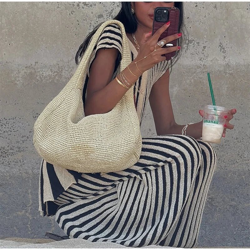 Knitted Stripe Pants Set For Women O - Neck Top With Single Breasted Detailing Elegant Style - SN Wigs & More