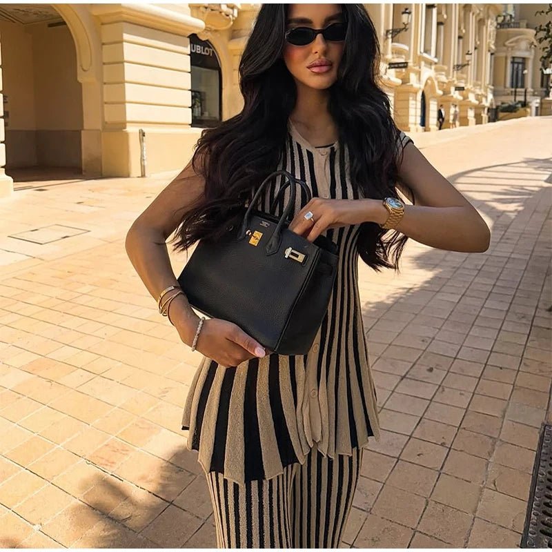 Knitted Stripe Pants Set For Women O - Neck Top With Single Breasted Detailing Elegant Style - SN Wigs & More