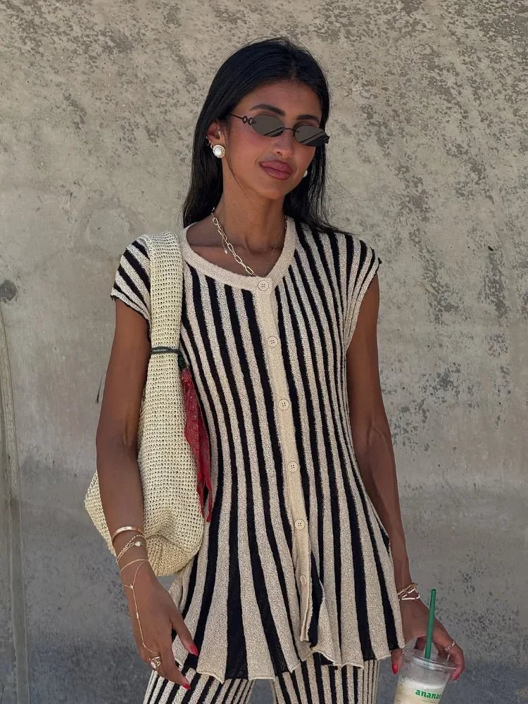 Knitted Stripe Pants Set For Women O - Neck Top With Single Breasted Detailing Elegant Style - SN Wigs & More