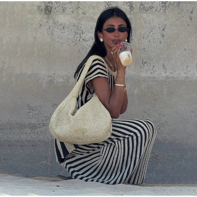 Knitted Stripe Pants Set For Women O - Neck Top With Single Breasted Detailing Elegant Style - SN Wigs & More