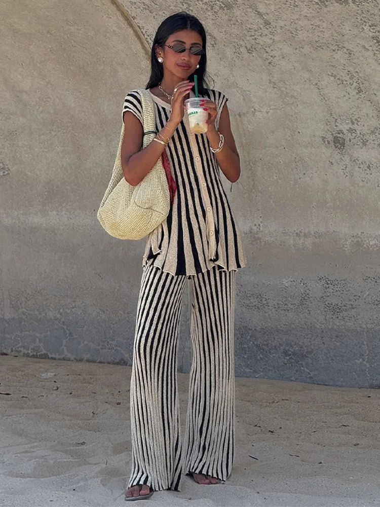 Knitted Stripe Pants Set For Women O - Neck Top With Single Breasted Detailing Elegant Style - SN Wigs & More