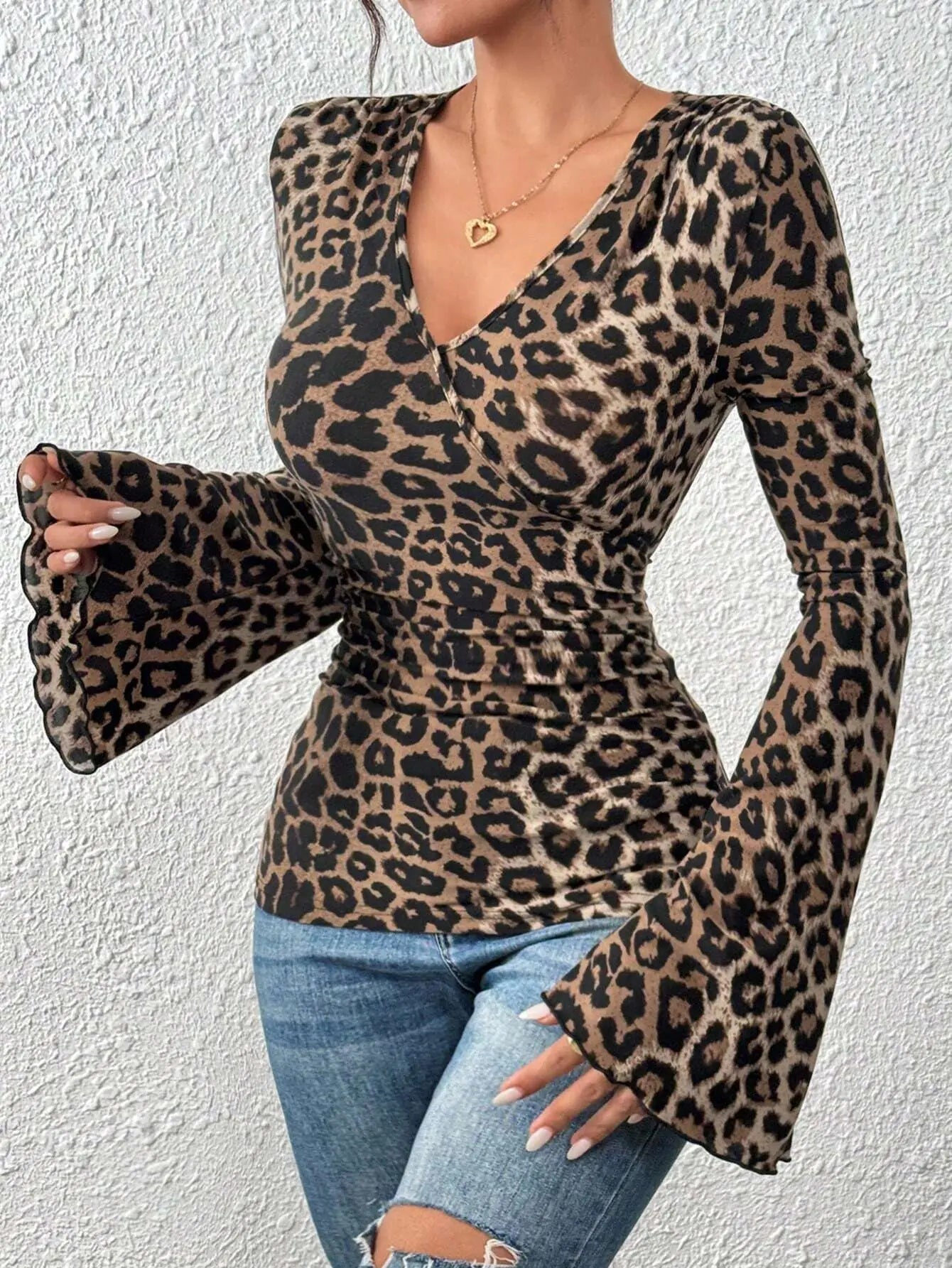 Knitted T-Shirt – V - Neck Slim Fit Leopard Print High Stretch Knit – Autumn Style - SN Wigs & More