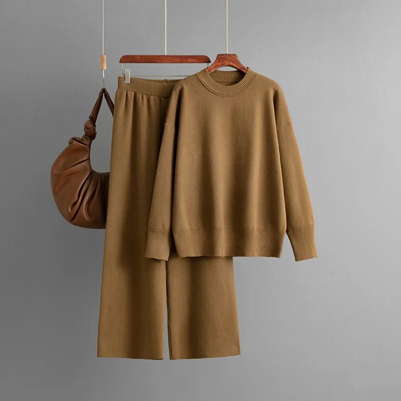Knitted Two - Piece Set – O - Neck Sweater Top With High Waist Straight Pants, Korean Style Fall Winter - SN Wigs & More