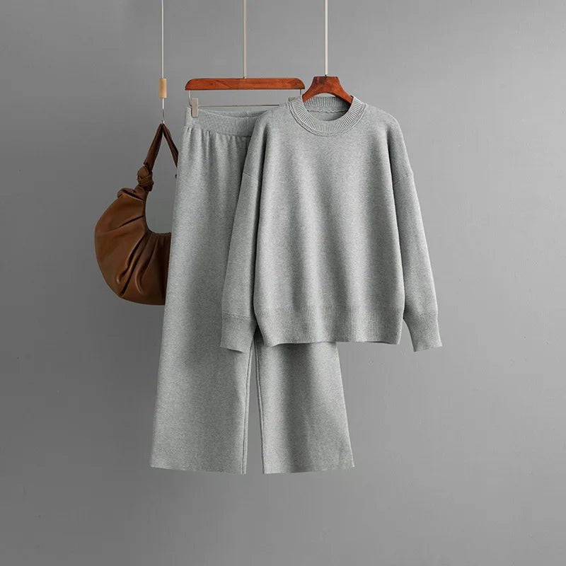 Knitted Two - Piece Set – O - Neck Sweater Top With High Waist Straight Pants, Korean Style Fall Winter - SN Wigs & More