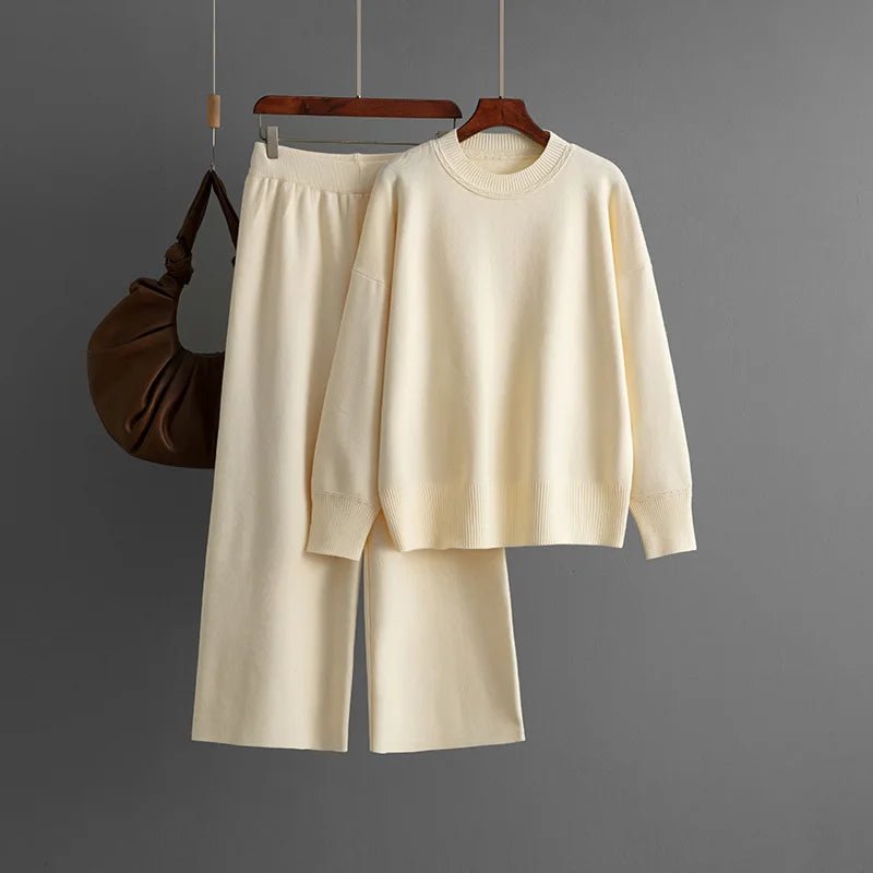 Knitted Two - Piece Set – O - Neck Sweater Top With High Waist Straight Pants, Korean Style Fall Winter - SN Wigs & More