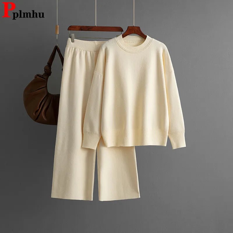 Knitted Two - Piece Set – O - Neck Sweater Top With High Waist Straight Pants, Korean Style Fall Winter - SN Wigs & More