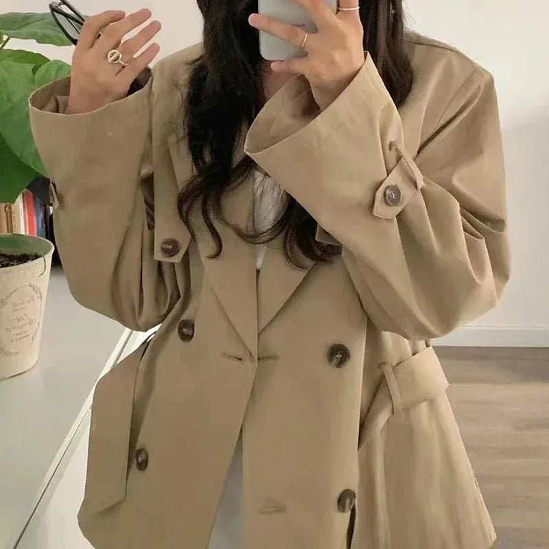 Korean advanced windbreaker women's autumn and winter new fashion temperament waist slim double - breasted lapel long coat. - SN Wigs & More