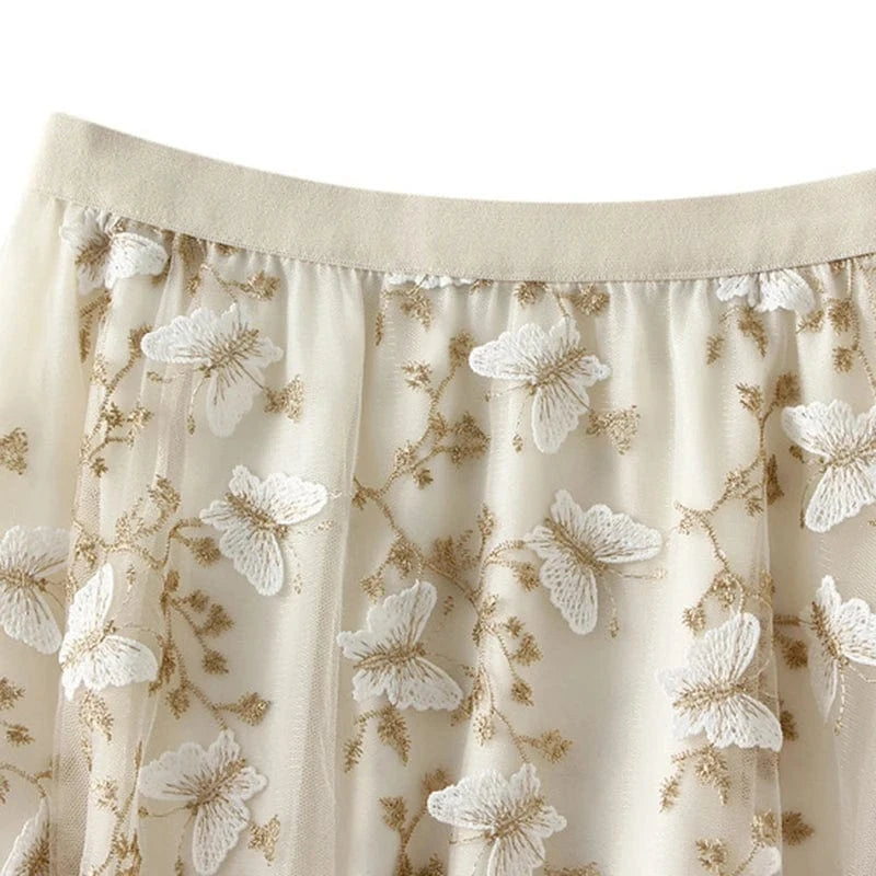 Korean Casual A-line Mesh Skirts for Women Floral Embroidery Fashion High Waisted Mid-Length Skirt Ladies Lining Chic Charming