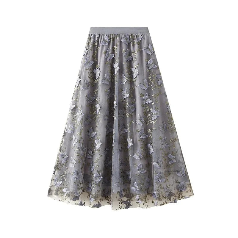 Korean Casual A-line Mesh Skirts for Women Floral Embroidery Fashion High Waisted Mid-Length Skirt Ladies Lining Chic Charming