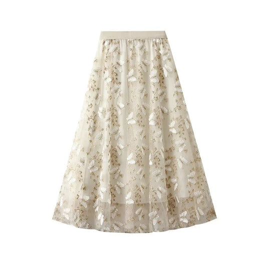 Korean Casual A-line Mesh Skirts for Women Floral Embroidery Fashion High Waisted Mid-Length Skirt Ladies Lining Chic Charming