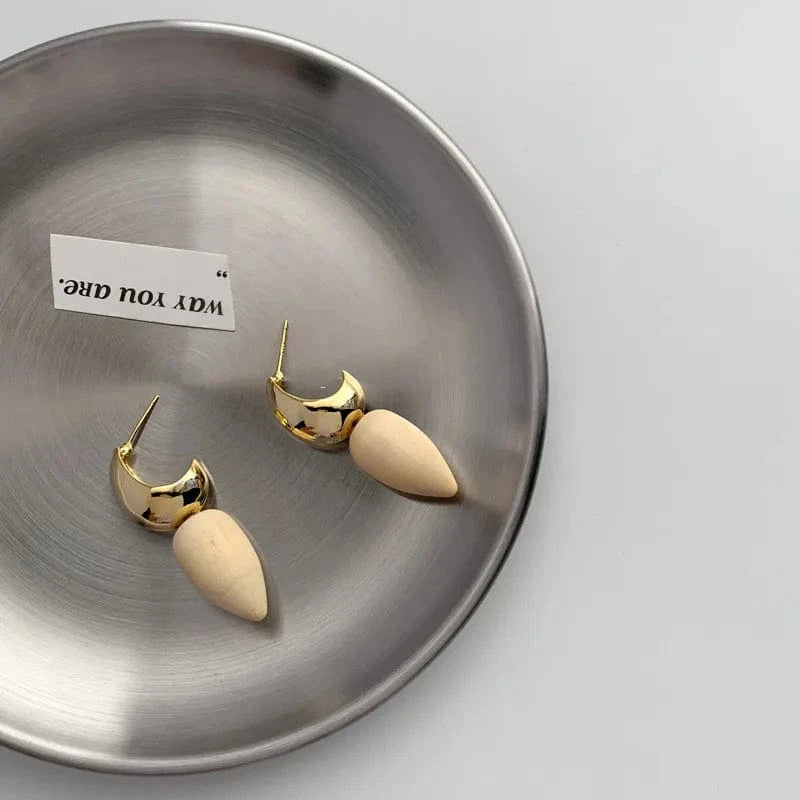 Korean Designer Geometric Earring Jewelry Women Trendy Metal C-shaped Cone Wooden Earrings