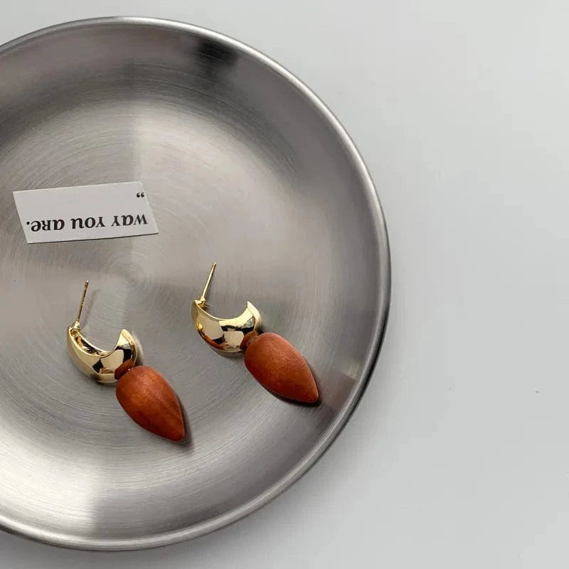 Korean Designer Geometric Earring Jewelry Women Trendy Metal C-shaped Cone Wooden Earrings