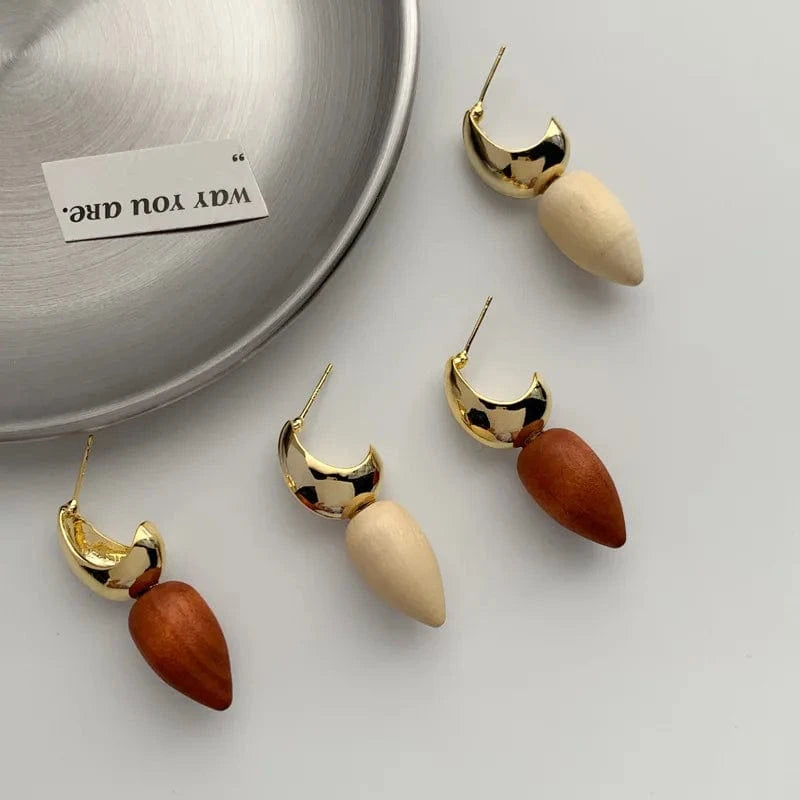 Korean Designer Geometric Earring Jewelry Women Trendy Metal C-shaped Cone Wooden Earrings