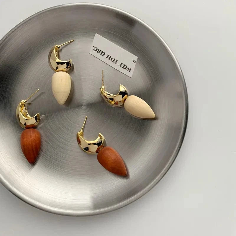 Korean Designer Geometric Earring Jewelry Women Trendy Metal C-shaped Cone Wooden Earrings