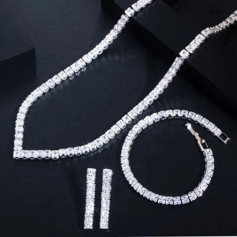 Korean fashion bridal wedding jewelry sets luxury simple tennis chain zircon dangle earrings bracelets necklaces 3pcs/set