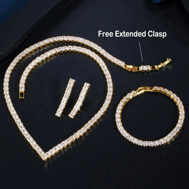 Korean fashion bridal wedding jewelry sets luxury simple tennis chain zircon dangle earrings bracelets necklaces 3pcs/set