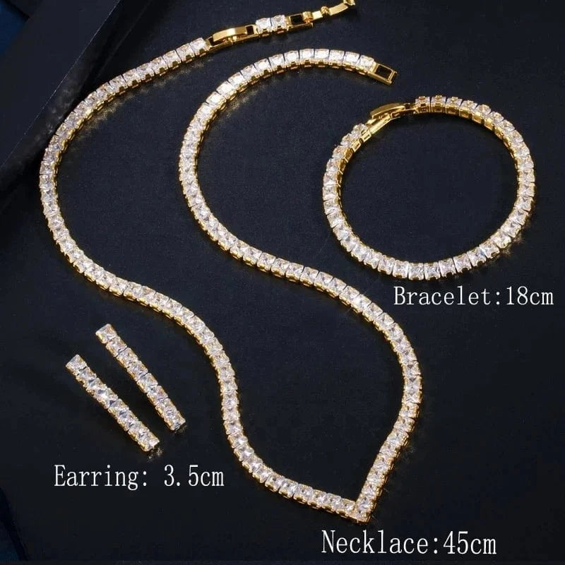 Korean fashion bridal wedding jewelry sets luxury simple tennis chain zircon dangle earrings bracelets necklaces 3pcs/set