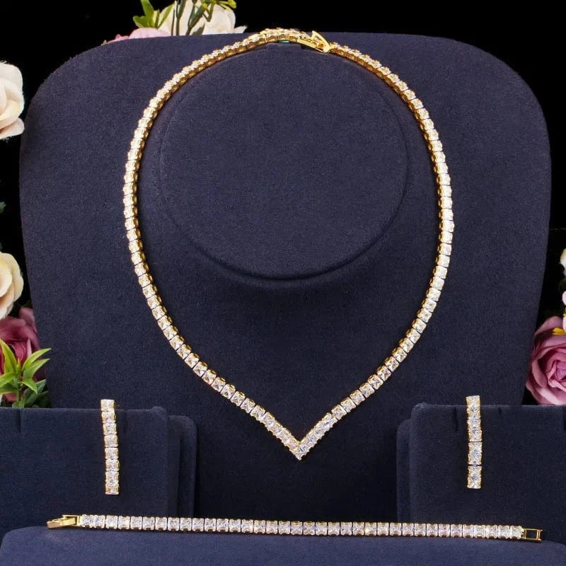 Korean fashion bridal wedding jewelry sets luxury simple tennis chain zircon dangle earrings bracelets necklaces 3pcs/set