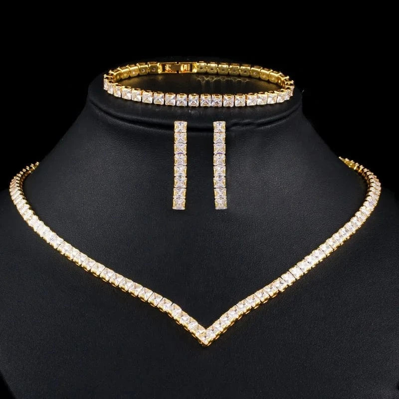 Korean fashion bridal wedding jewelry sets luxury simple tennis chain zircon dangle earrings bracelets necklaces 3pcs/set