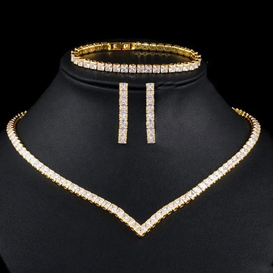 Korean fashion bridal wedding jewelry sets luxury simple tennis chain zircon dangle earrings bracelets necklaces 3pcs/set