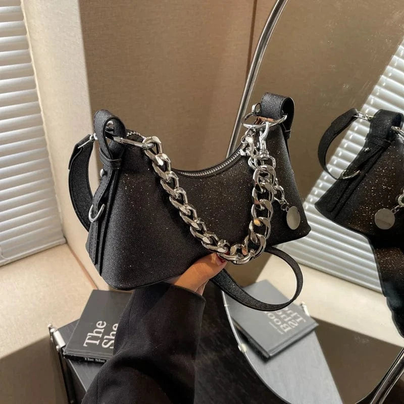Korean Fashion Silver Small Underarm Bag for Women 2024 Trend Designer Sequined Armpit Handbags Thick Chain Simple Shoulder Bag