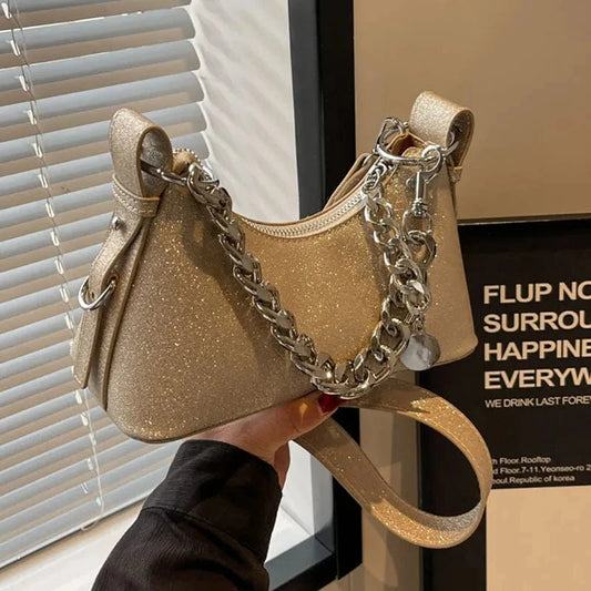 Korean Fashion Silver Small Underarm Bag for Women 2024 Trend Designer Sequined Armpit Handbags Thick Chain Simple Shoulder Bag