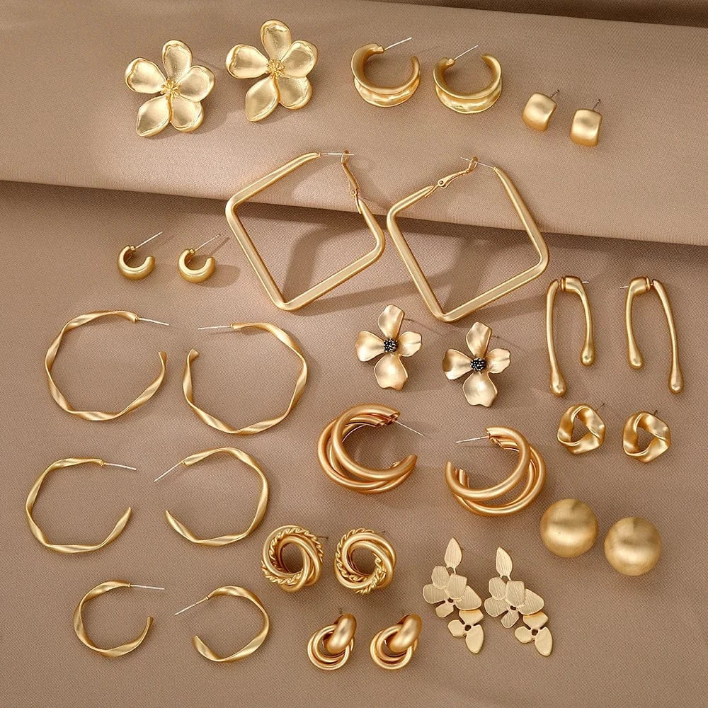 Korean Gold Metal Retro Flower Earrings for Women Flower Geometric Twisted Drop Earrings Hoop Earrings Fashion Jewelry Gifts