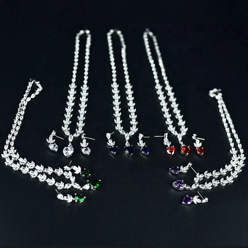 Korean luxury heart zircon bridal jewelry set wedding minimalist leaf crystal necklaces dangle stud earrings sets dinner party