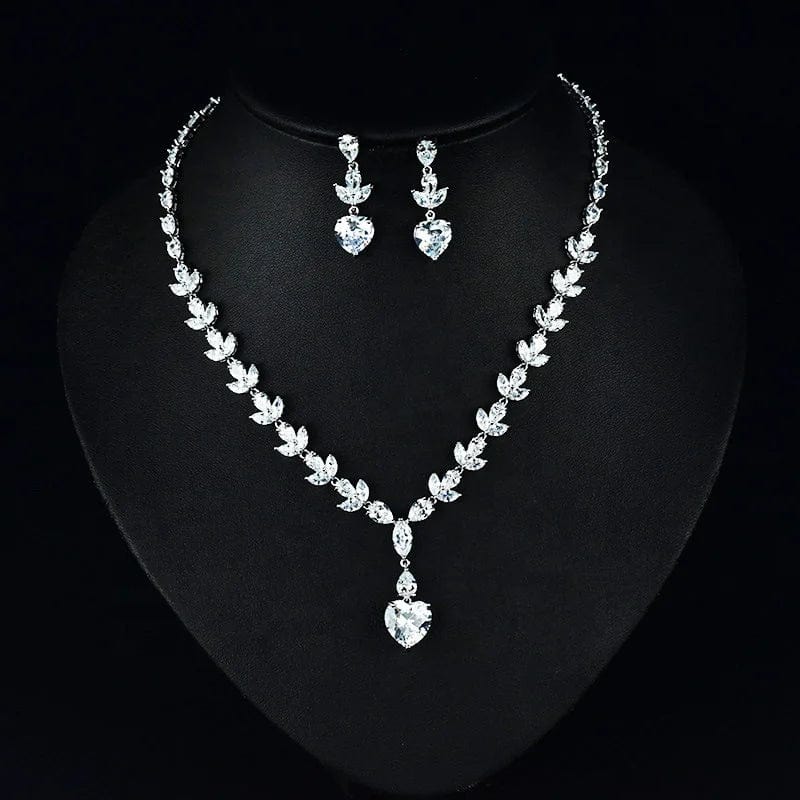 Korean luxury heart zircon bridal jewelry set wedding minimalist leaf crystal necklaces dangle stud earrings sets dinner party