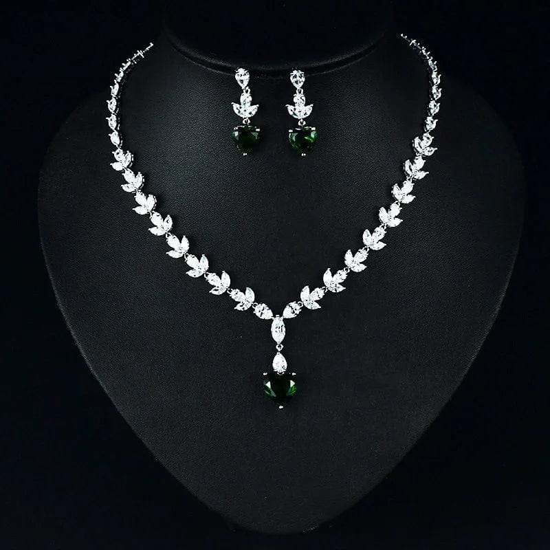 Korean luxury heart zircon bridal jewelry set wedding minimalist leaf crystal necklaces dangle stud earrings sets dinner party