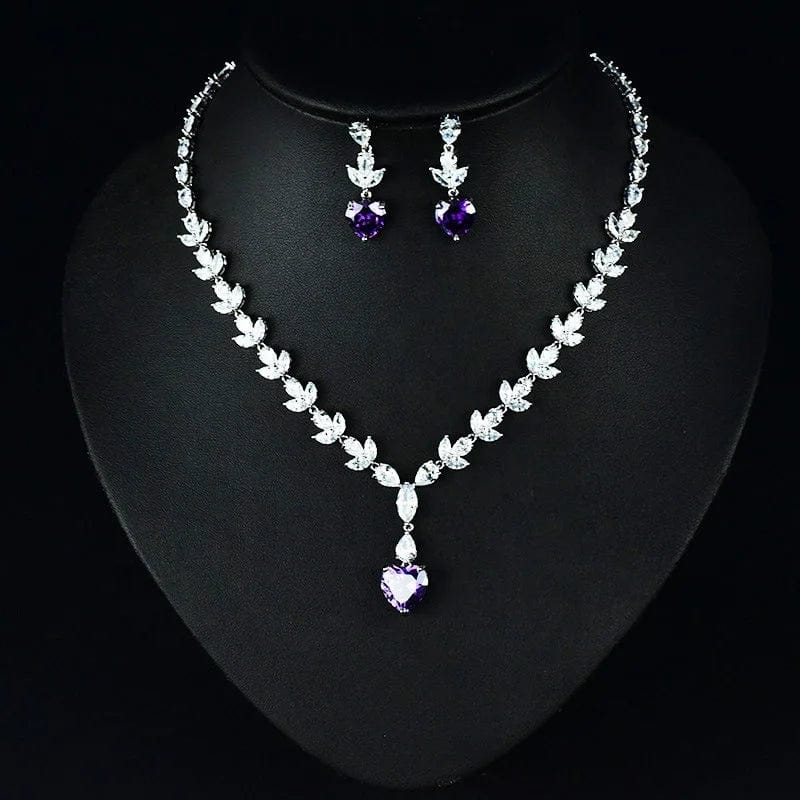 Korean luxury heart zircon bridal jewelry set wedding minimalist leaf crystal necklaces dangle stud earrings sets dinner party